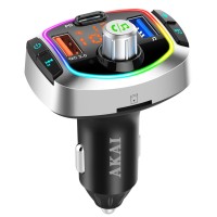Transmitator FM Auto Bluetooth 5.0 AKAI, Modulator cu Incarcare Rapida Quick Charge 3.0, USB-C PD, Lumini RGB, Handsfree, Cititor Card/U-Disk