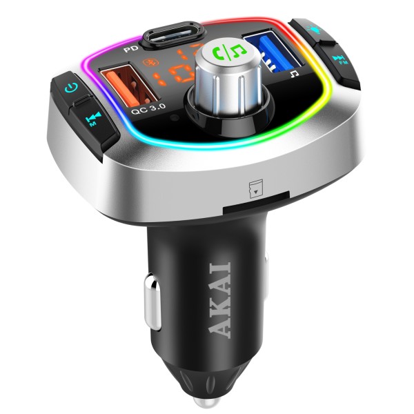 Transmitator FM Auto Bluetooth 5.0 AKAI, Modulator cu Incarcare Rapida Quick Charge 3.0, USB-C PD, Lumini RGB, Handsfree, Cititor Card/U-Disk Transmitator FM Auto Bluetooth 5.0 AKAI, Modulator cu Incarcare Rapida Quick Charge 3.0, USB-C PD, Lumini RGB, Handsfree, Cititor Card/U-Disk