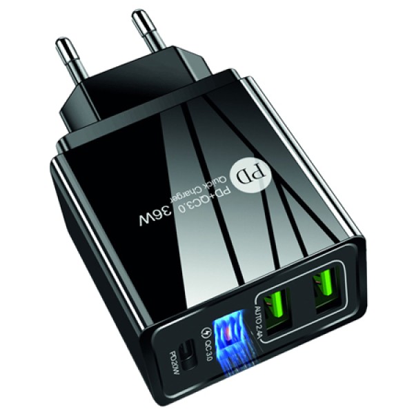 INCARCATOR RETEA FAST CHARGE + QC 3.0 PD 2.4A 36W - NEGRU