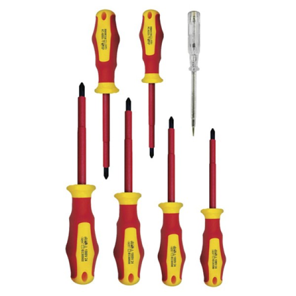Set șurubelnițe electrician 7 piese, vde, izolate, cu tester tensiune Set șurubelnițe electrician 7 piese, vde, izolate, cu tester tensiune