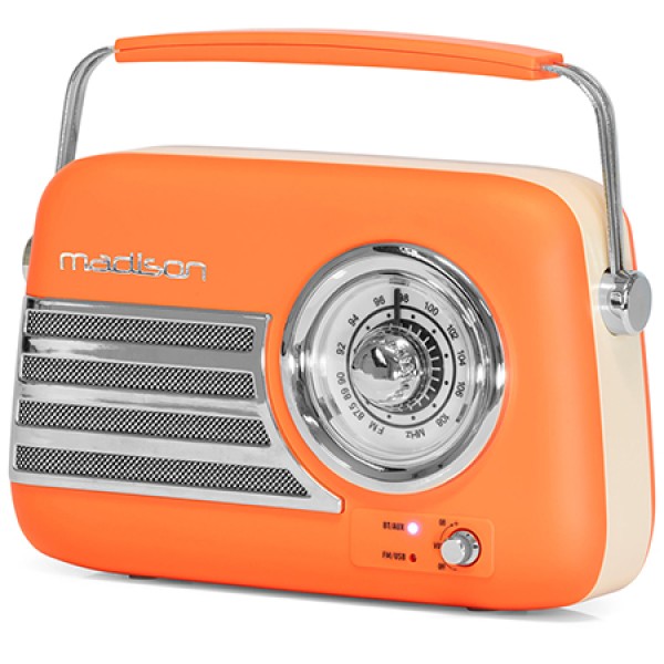 Radio FM Portabil Retro Madison, 30W, Bluetooth, USB, AUX, Subwoofer, Acumulator, Portocaliu Mat