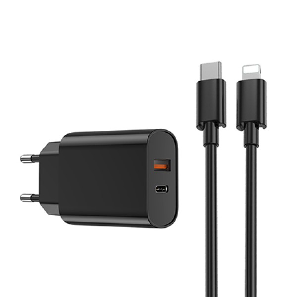 INCARCATOR RETEA USB + USB-C PD QC 20W + CABLU LIGHTNING -NEGRU INCARCATOR RETEA USB + USB-C PD QC 20W + CABLU LIGHTNING -NEGRU