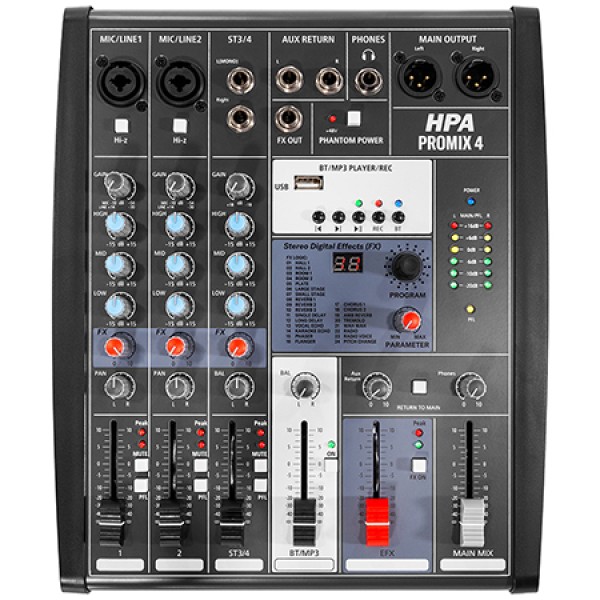 Mixer audio analogic HPA Promix 4, 4 canale, Interfață audio USB 24-bit/48kHz, Bluetooth, Player USB/SD, Procesor efecte 24 DSP, Phantom Power +48V, Negru Mixer audio analogic HPA Promix 4, 4 canale, Interfață audio USB 24-bit/48kHz, Bluetooth, Player USB/SD, Procesor efecte 24 DSP, Phantom Power +48V, Negru