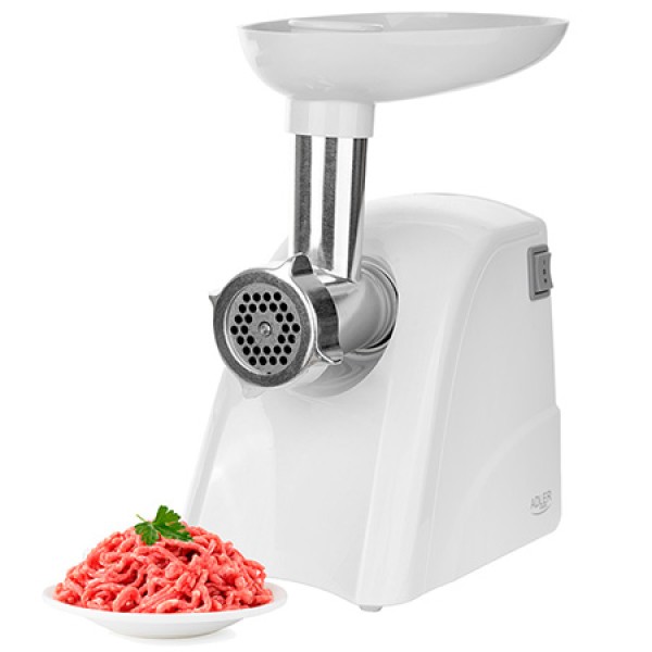 Masina de tocat carne electrica Adler, Putere maxima 2000W, Functie Puls si Reverse, Include 3 discuri de taiere si palnie pentru carnati, Alb