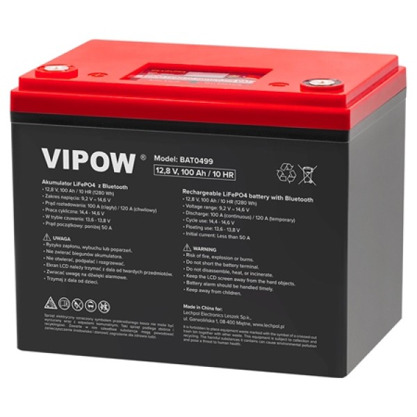Vipow acumulator lifepo4 12v 100ah cu bluetooth și ecran lcd