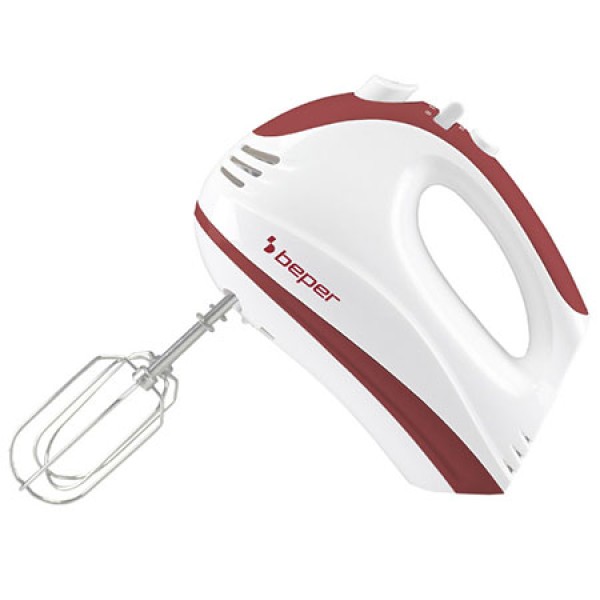 Mixer de mana Beper, Putere 300 W, 5 Trepte de viteza, Functie Turbo pentru creme si aluaturi, Ergonomic, Alb cu insertii rosii
