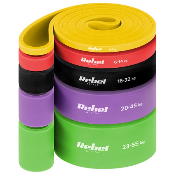 Set 5 benzi elastice tpe power band 4-55kg rebel active pentru fitness