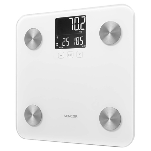 Cântar corporal electronic inteligent Sencor, Max 180 kg, Analiză corporală, Memorie 12 utilizatori, Alb