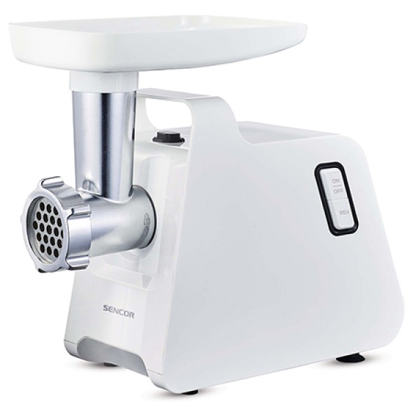 Masina de tocat carne Sencor, 1400W, Capacitate 100 kg/h, 3 Site, Accesoriu carnati/Kubbe, Razatoare inclusa, Alb