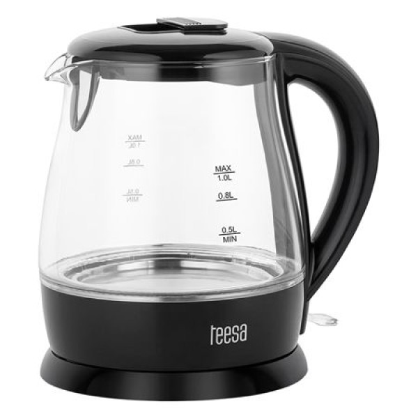 Fierbător electric cordless teesa 1l, bază pivotantă 360º, sticlă borosilicată