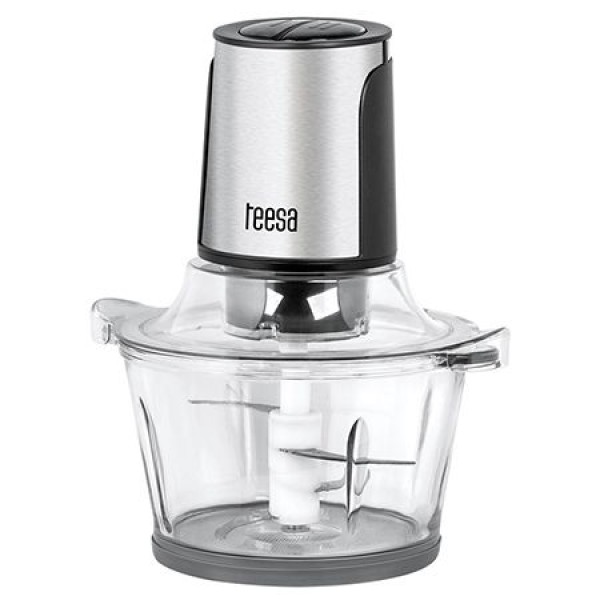 Tocator electric de bucatarie Teesa, Putere 400W, Bol mare din Sticla 1.5L, 4 Lame din Inox pe doua niveluri, 2 Viteze, Pentru legume, carne, nuci, Negru/Argintiu